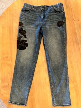 Chico's Mid Blue Straight-Leg Jeans with Black Floral Velvet Appliqué